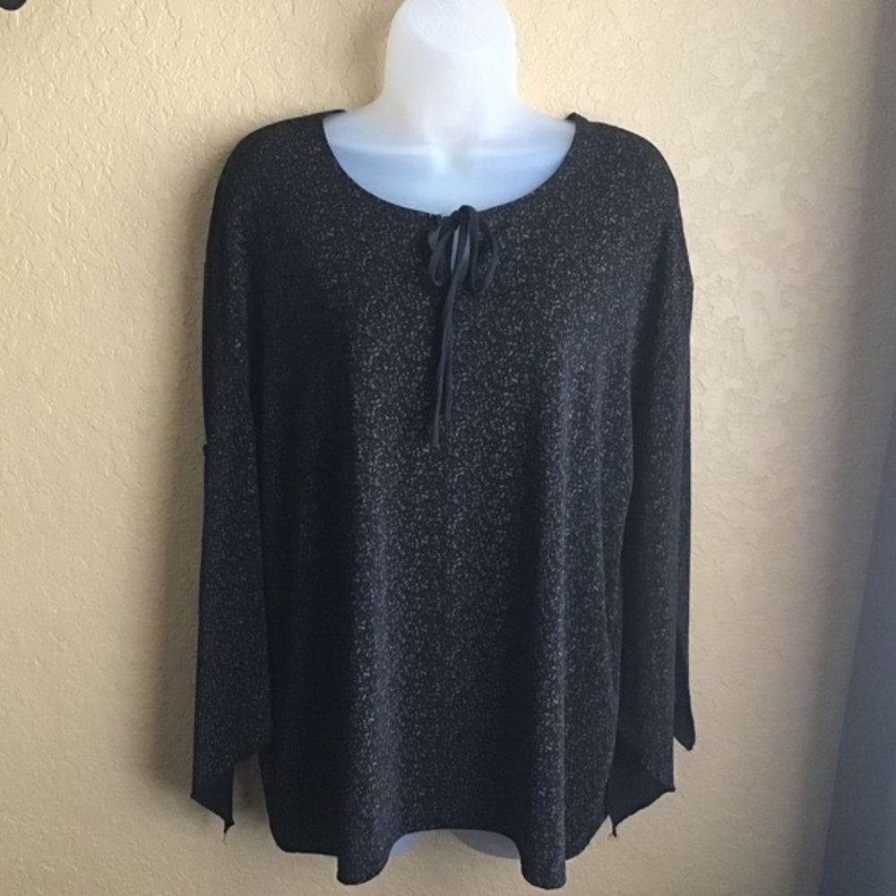LA Lights Women’s Floral Branches Blouse Black Tan Long Split Sleeves Sz Medium